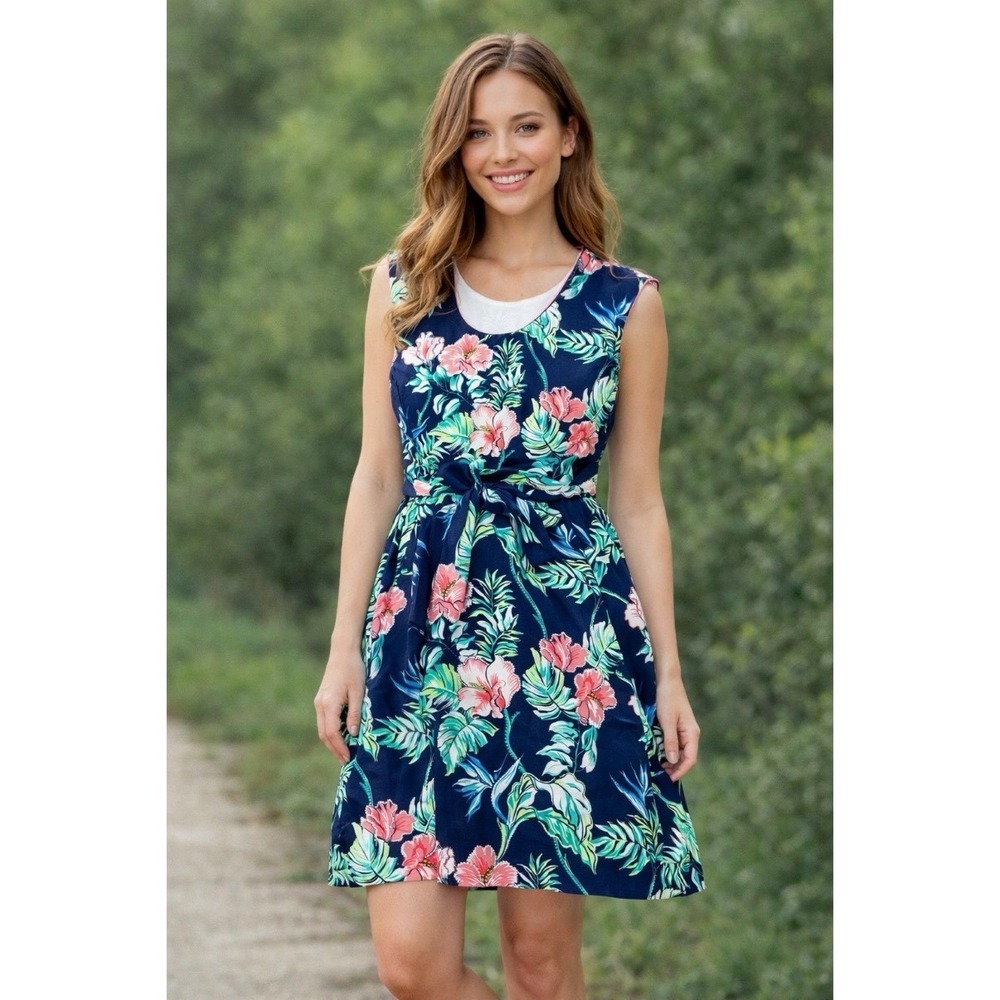 Tommy Bahama Bangalore Blossoms Floral Belted Dress Navy Pink Medium Beachcore